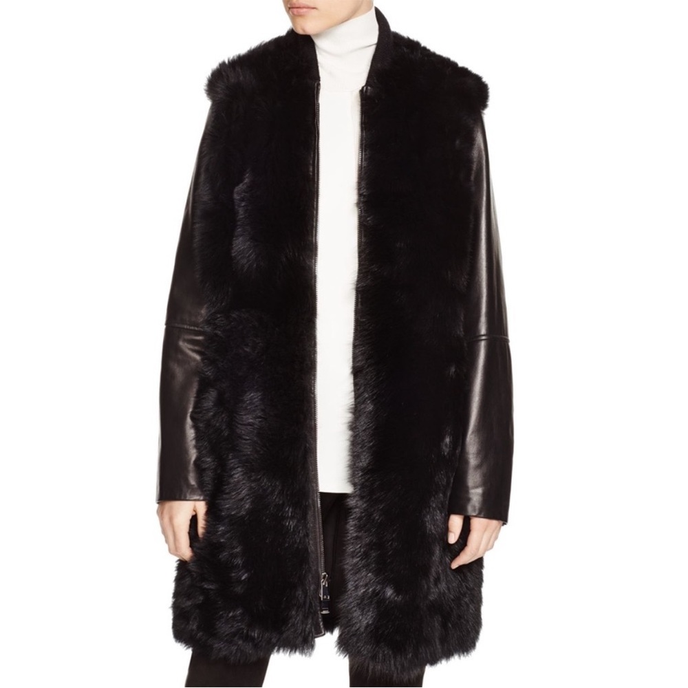 Vince Leather-Sleeve Shearling Fur Coat